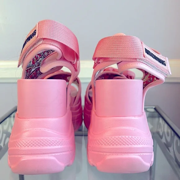 Anthony Wang pink platform wedge buckle sandals patent leather trim size 6.5 - Picture 11 of 13